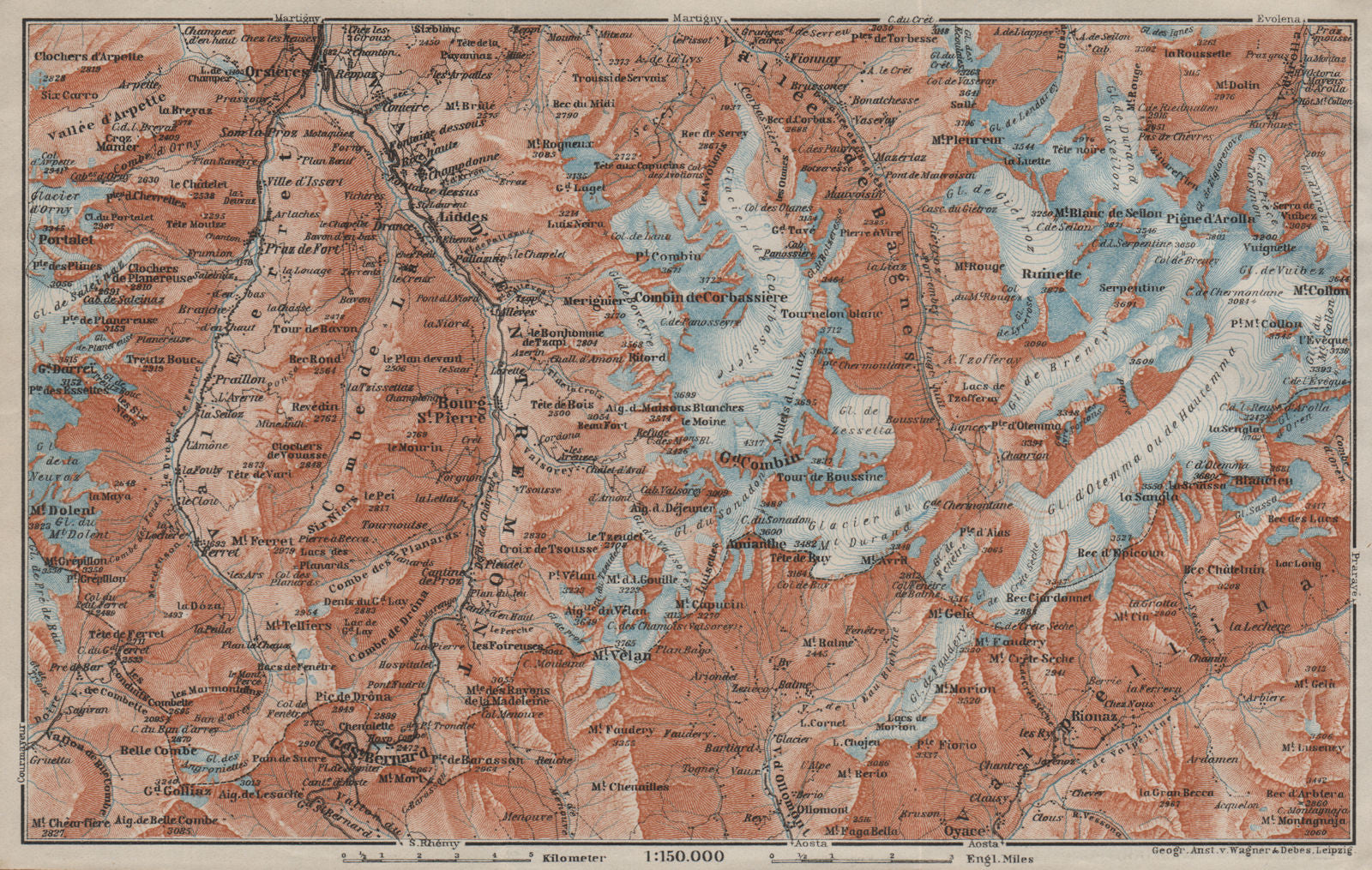 GRAND ST BERNARD ENVIRONS Arolla Grand Combin Massif Orsières Mt Velan 1909 map
